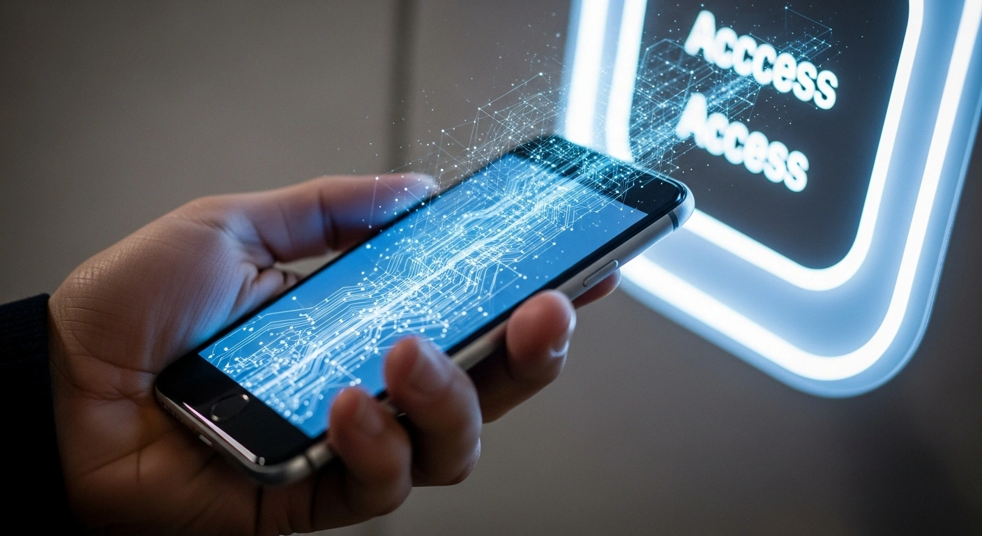 A close-up view shows a hand holding a glowing smartphone, its screen projecting digital pathways that merge with a futuristic access panel, representing dormakaba's acquisition of any2any GmbH to expand mobile wallet functionality and enhance access control solutions for a mobile-first environment.
