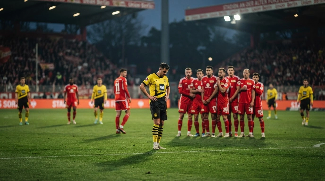 A Borussia Dortmund player looks frustrated on the pitch during a scoreless draw against Union Berlin at Stadion An der Alten Försterei.