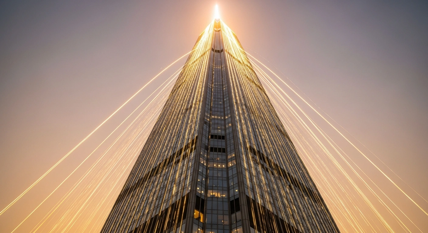 A majestic, modern skyscraper, symbolizing the U.S. stock market, bathed in the golden light of a setting sun, with ascending light streaks representing broad gains as the Dow Jones Industrial Average closes above 50,000 points.