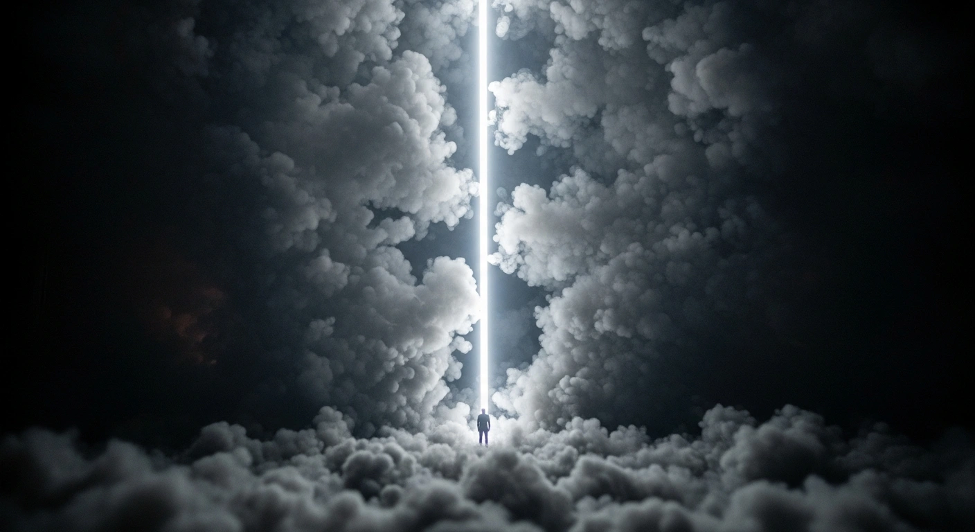A strong beam of light cuts through dense, artificial smoke, illuminating a resolute figure, symbolizing Downing Street's refutation of allegations that Chancellor Rachel Reeves misled the public about tax increases in the budget.