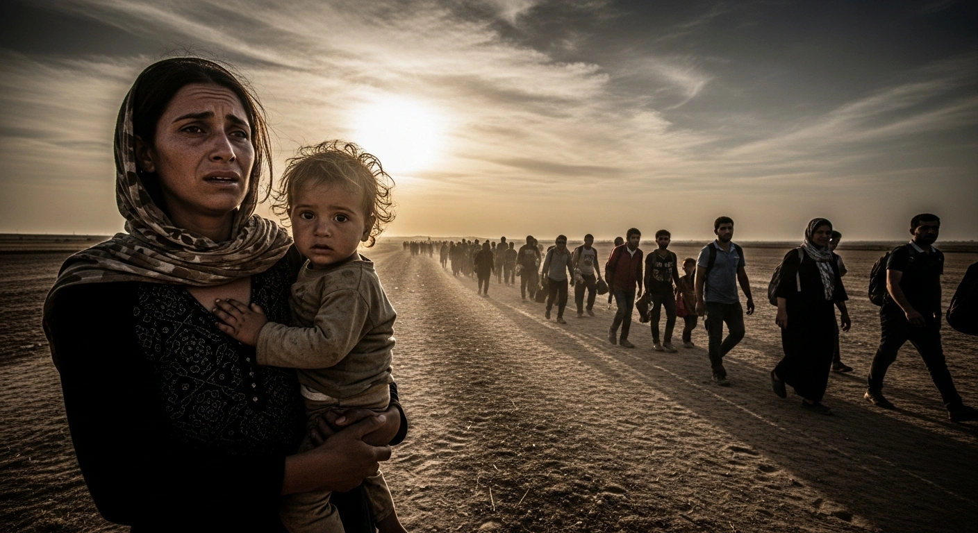 A wide, low-angle shot shows a mother and child in the foreground, their faces showing exhaustion, leading a long line of displaced people trudging across a dusty plain under a bruised sky, depicting the severe hunger crisis faced by refugees fleeing fighting in eastern DR Congo to Burundi.
