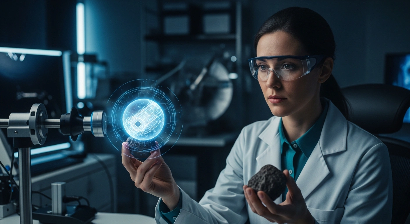 Dr. Kuljeet Kaur Marhas, a scientist from the Physical Research Laboratory, examines a meteorite specimen in a laboratory setting after being elected a Fellow of The Meteoritical Society.