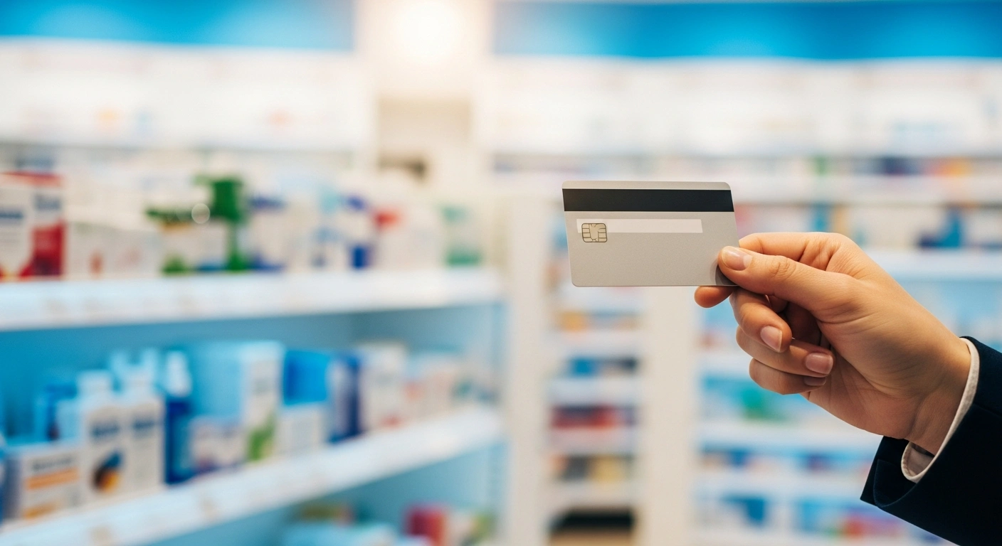 A person holds a co-branded credit card from Farmacias Similares and Stori inside a pharmacy to promote financial inclusion in Mexico.