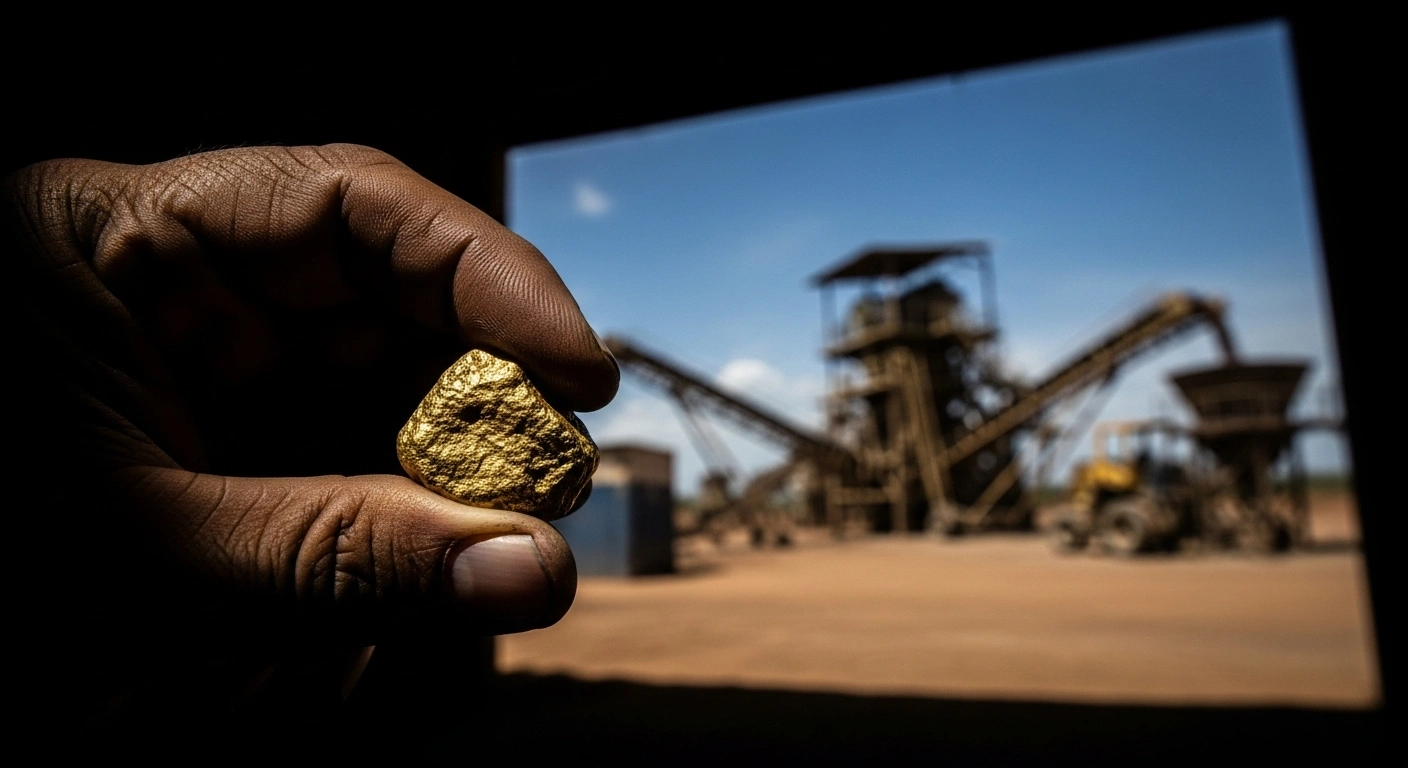 A close-up shot of a rough gold nugget held in a hand, with modern gold mining equipment visible in the background, symbolizing the Democratic Republic of Congo's efforts to formalize artisanal gold operations and combat smuggling to reclaim revenue and curb conflict financing.