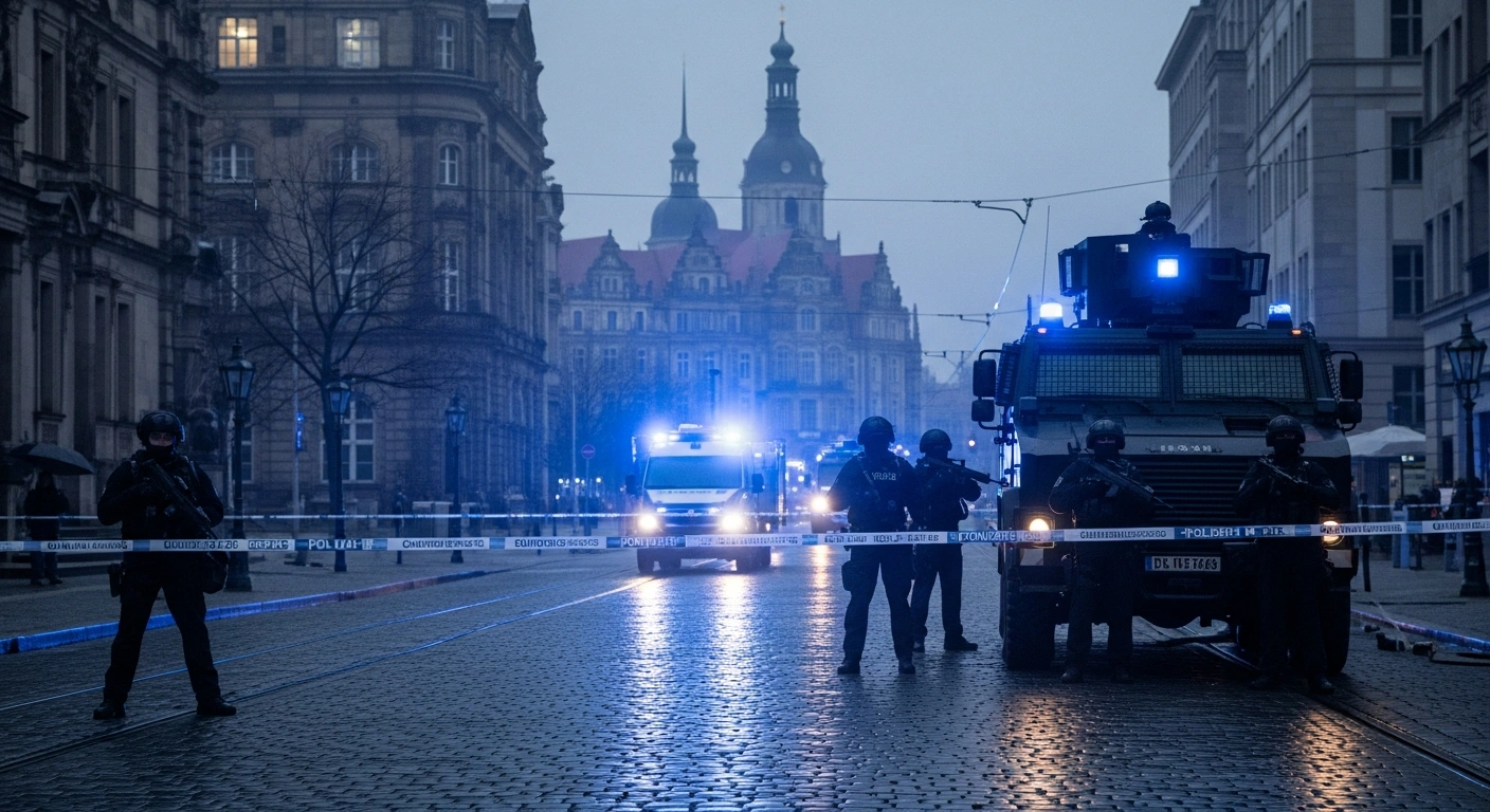 German police officers conduct a security operation in a cordoned-off city center in Dresden following an armed confrontation.
