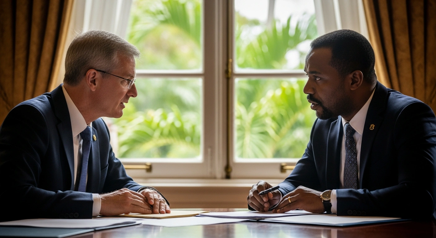 Prime Minister Dr. Terrance M. Drew of Saint Kitts and Nevis and Jamaican Prime Minister Andrew Holness are depicted in a formal meeting, engaged in high-level regional consultations focused on strengthening Caribbean unity and addressing geopolitical shifts.