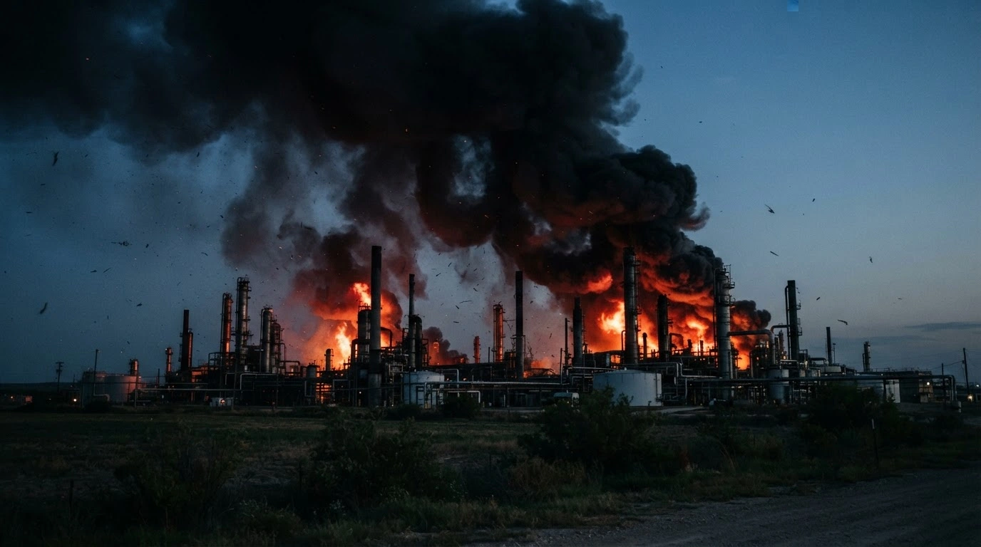 A massive fire burns at the Azot chemical plant in the Tula region following a series of drone attacks.