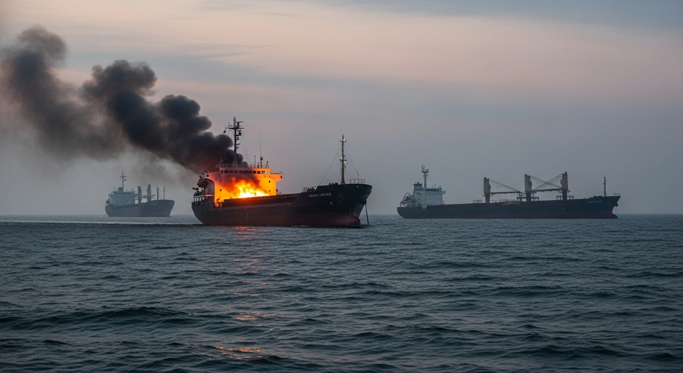 Two commercial cargo ships are damaged by a drone attack in the Sea of Azov, with smoke rising from the vessels.