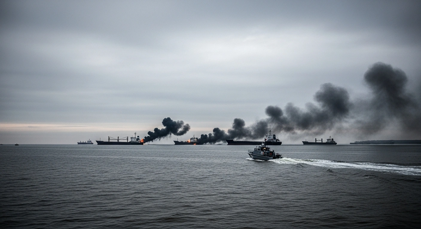Emergency response boats approach damaged cargo ships in Taganrog Bay following a drone attack in the Rostov Region.