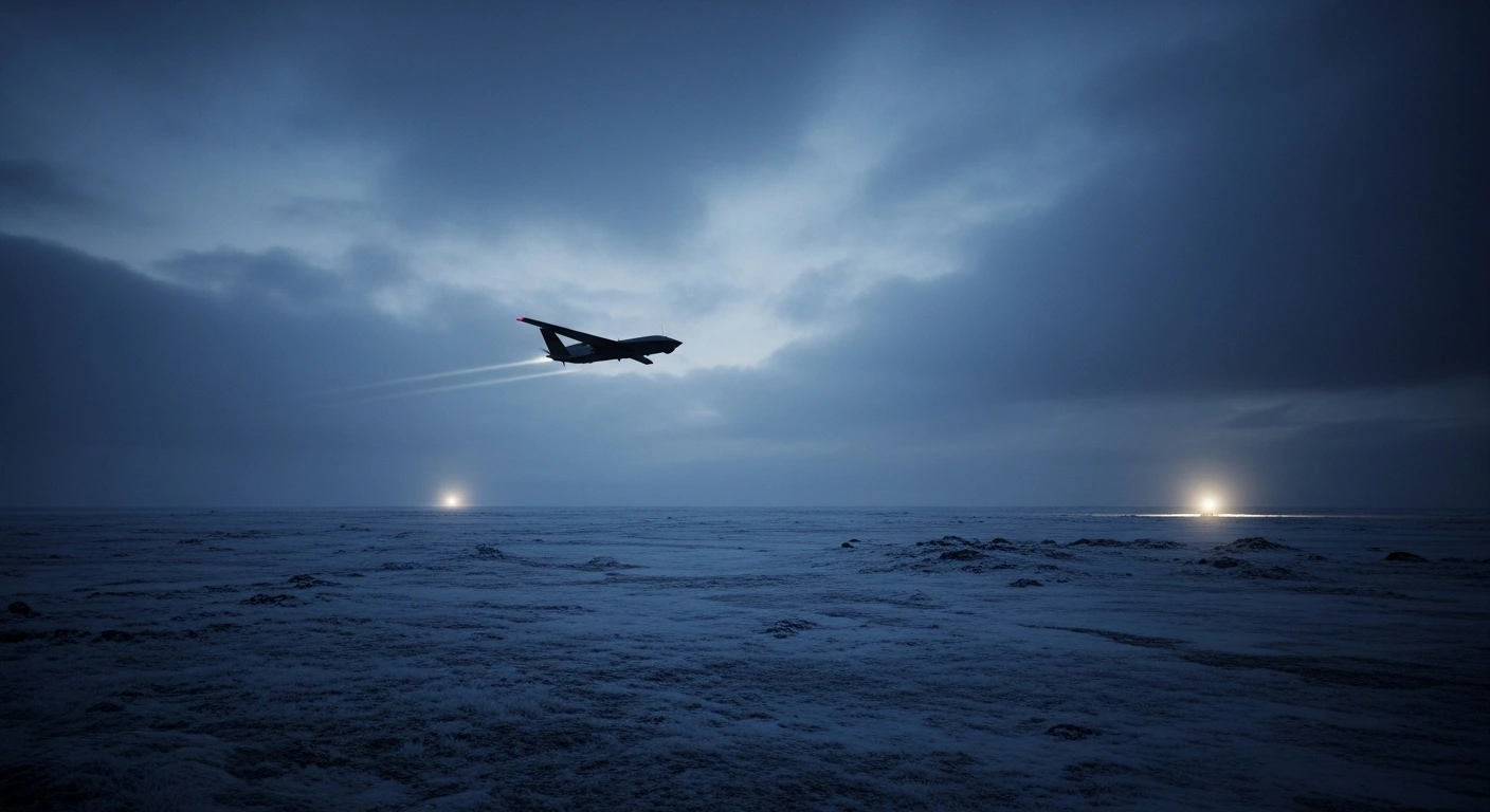 A silhouette of a drone flying over a dark, barren landscape representing the reported increase in drone attacks targeting Russian territory.