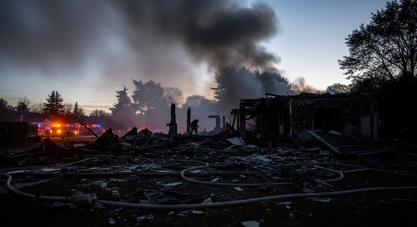 Emergency responders work amidst the smoldering debris of a residential building in Russia following a drone strike that caused civilian casualties.