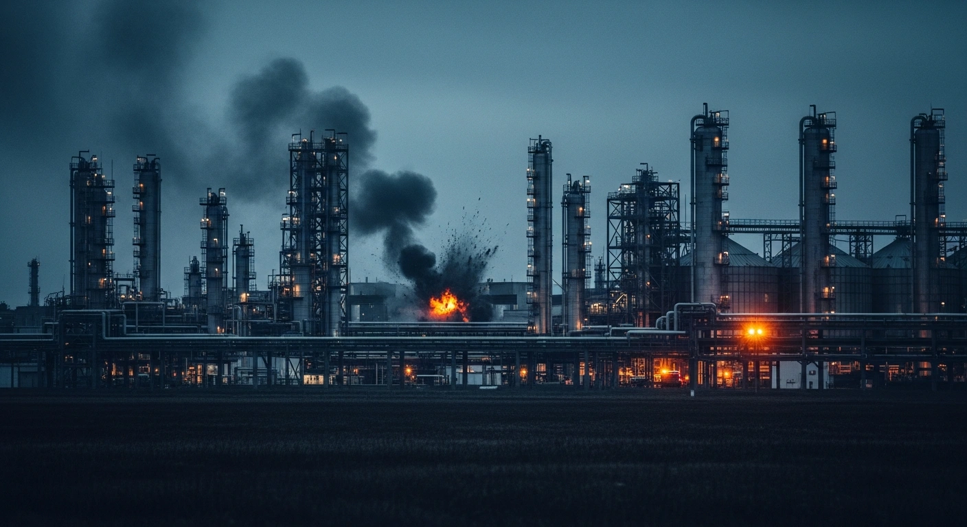 A distant view of the Apatit chemical plant in Cherepovets, Russia, showing smoke rising from the industrial facility following a reported drone strike.