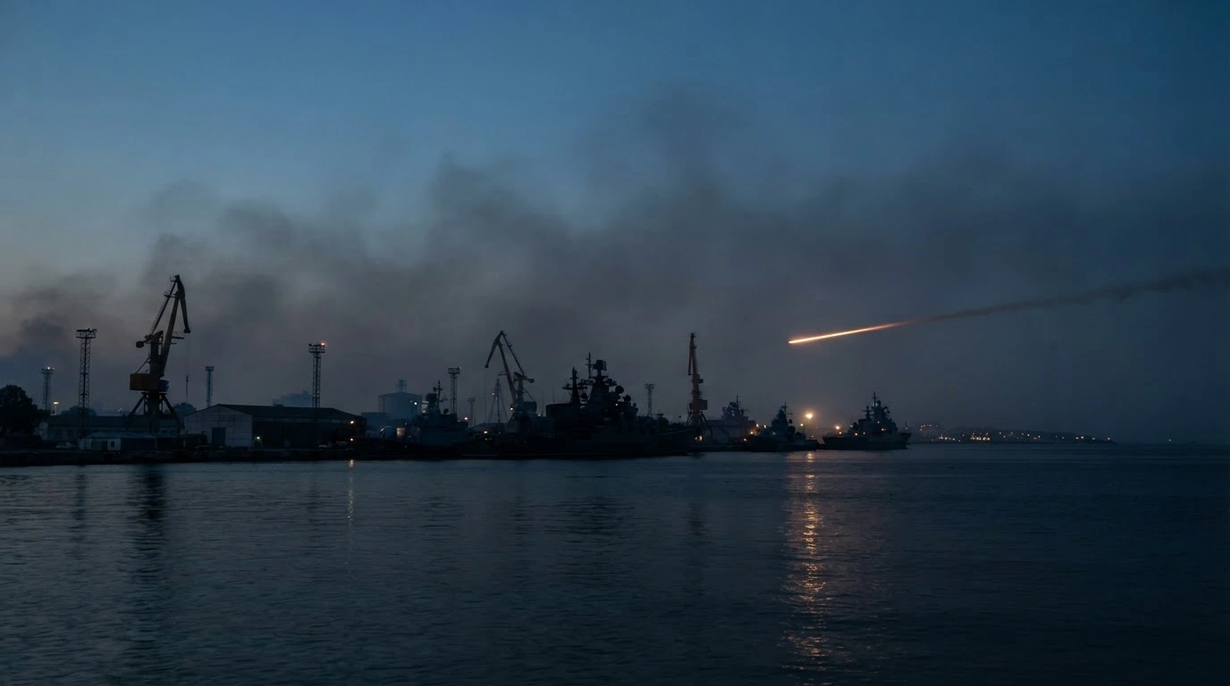A distant view of a Russian naval base in Kaspiysk at twilight as a drone approaches the Caspian Flotilla vessels.