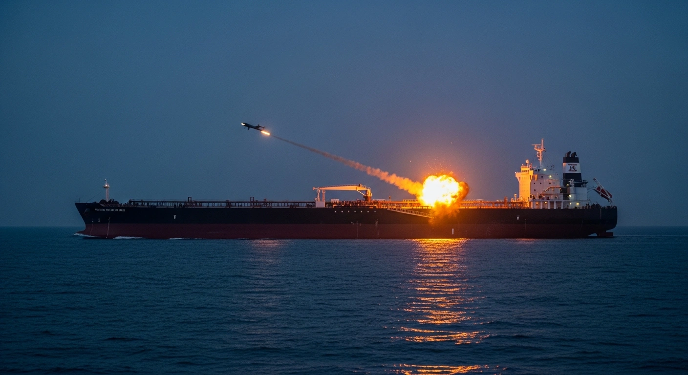 An exploding drone strikes a large oil tanker in the Gulf region during a maritime security incident.