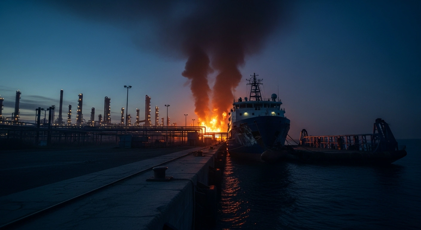 A massive fire burns at the Afipsky oil refinery near a damaged service vessel and pier at Port Kavkaz following a drone strike.