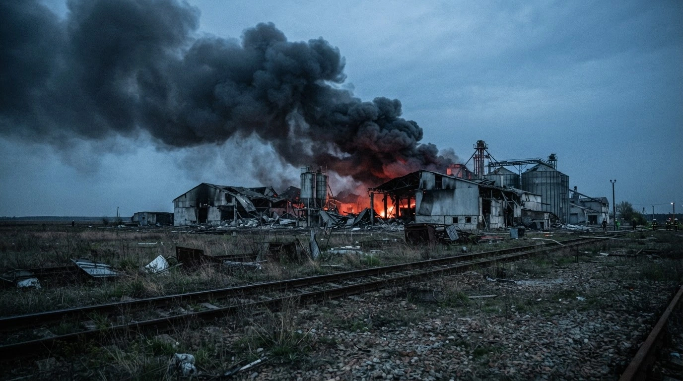 Smoke rises from damaged infrastructure near the Ukrainian-Polish border following a drone strike that occurred near a railway line.