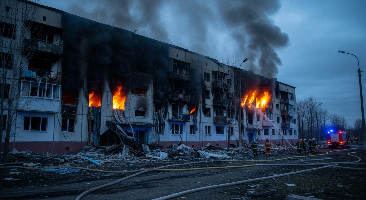 Emergency responders work at the site of an apartment building in Russia's Vladimir region following a deadly drone strike.