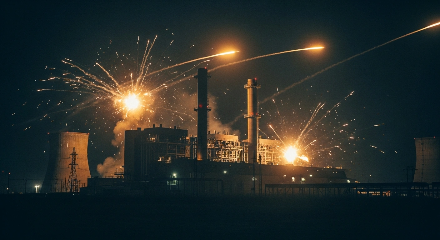 A night view of an industrial energy facility being struck by military drones during an intense aerial conflict between Russian and Ukrainian forces.