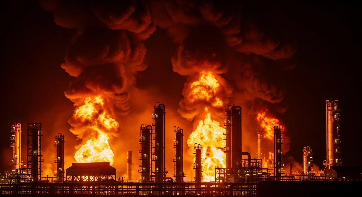 A massive oil refinery is engulfed in towering flames and thick black smoke at night, following Ukrainian drone attacks on Russian energy infrastructure.