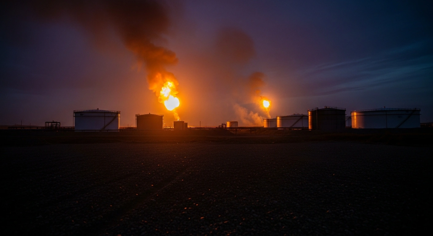 A large fire burns at a fuel storage facility in the Belgorod region following a drone strike on energy infrastructure.