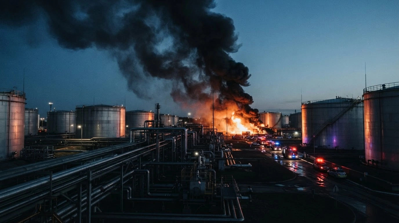 A massive fire burns at a Russian oil terminal following a series of drone strikes on critical energy infrastructure.