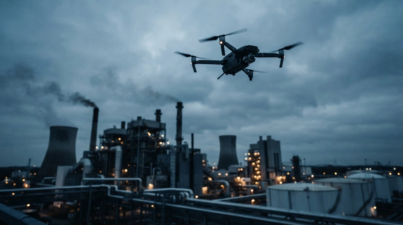 A surveillance drone flies over a critical industrial infrastructure facility as European intelligence agencies warn of rising hybrid threats and sabotage.