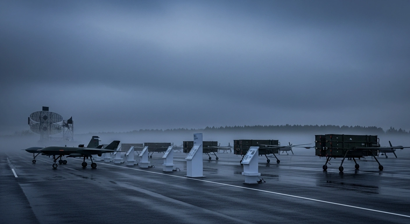 An empty military drone exhibition field in Veliky Novgorod is shown under a dark sky following the postponement of the Dronnitsa forum due to security threats.