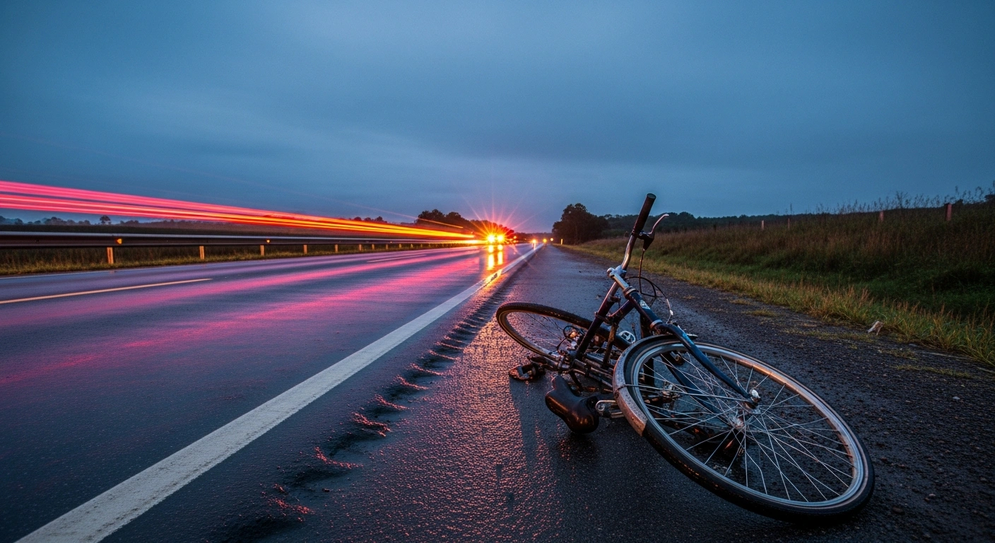 A wide, low-angle view of a desolate rural highway at pre-dawn, showing a heavily damaged bicycle lying twisted on the wet shoulder, with distant emergency lights reflecting on the asphalt, symbolizing the tragic accident involving cyclists Clarissa Felipetti, Fernanda Mikaella da Silva Barros, and Isac Ribeiro on the ERS-115 in Três Coroas, Rio Grande do Sul.