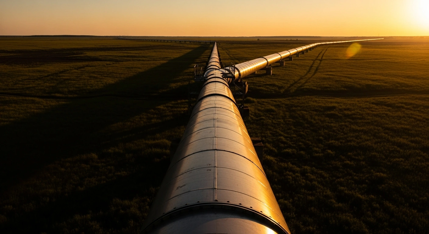 A section of the Druzhba oil pipeline stretches across a rural landscape as oil exports to Hungary and Slovakia return to normal levels.