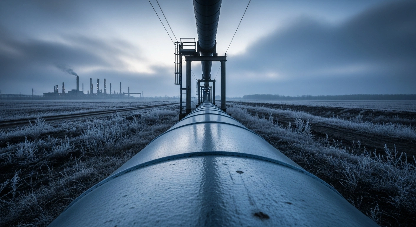 A large industrial oil pipeline runs through a misty landscape, representing the disruption of Russian oil transit through the Druzhba pipeline to Slovakia and Hungary.