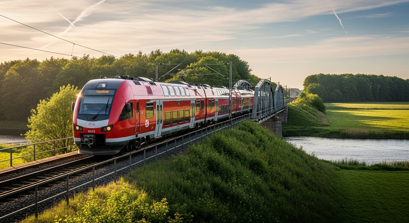 A modern DSB passenger train travels through the scenic Danish countryside as part of the transition of regional rail services.