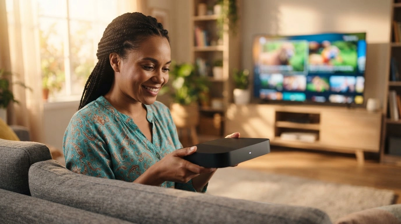 A person holds a new DStv decoder as part of the MultiChoice Nigeria swap program to reconnect former subscribers to satellite television services.
