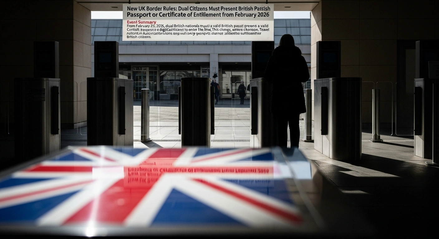 A solitary traveler, representing a dual British national, stands at a modern, stark UK border checkpoint, symbolizing the new requirement for a valid British passport or digital Certificate of Entitlement to enter the UK, as foreign passports will no longer suffice from February 2026.