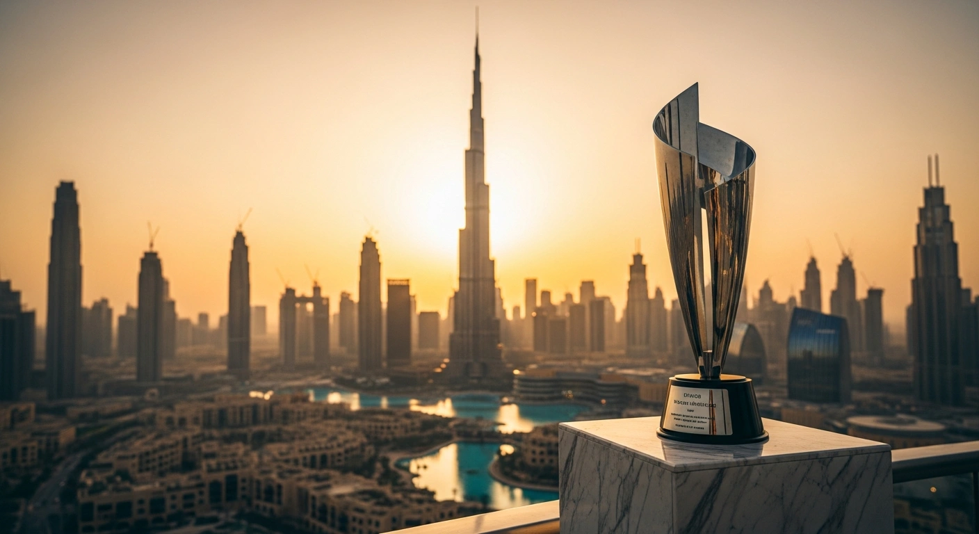 A golden trophy stands prominently before the illuminated Dubai skyline to represent the opening of the inaugural Dubai-it Award nominations.
