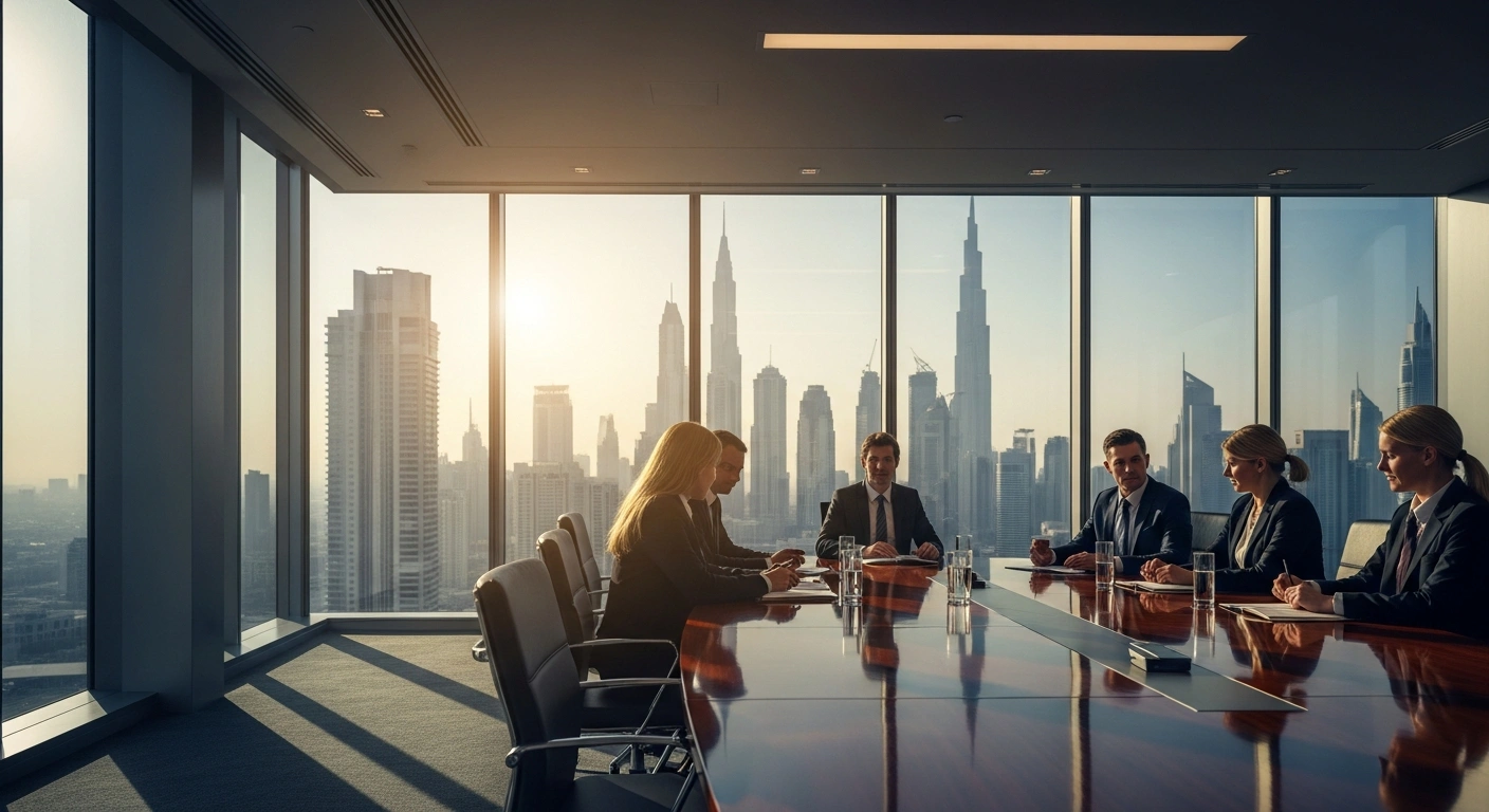 A group of professionals meets in a modern Dubai boardroom to discuss the strategic media initiatives of the newly formed Dubai Media Narrative Committee.