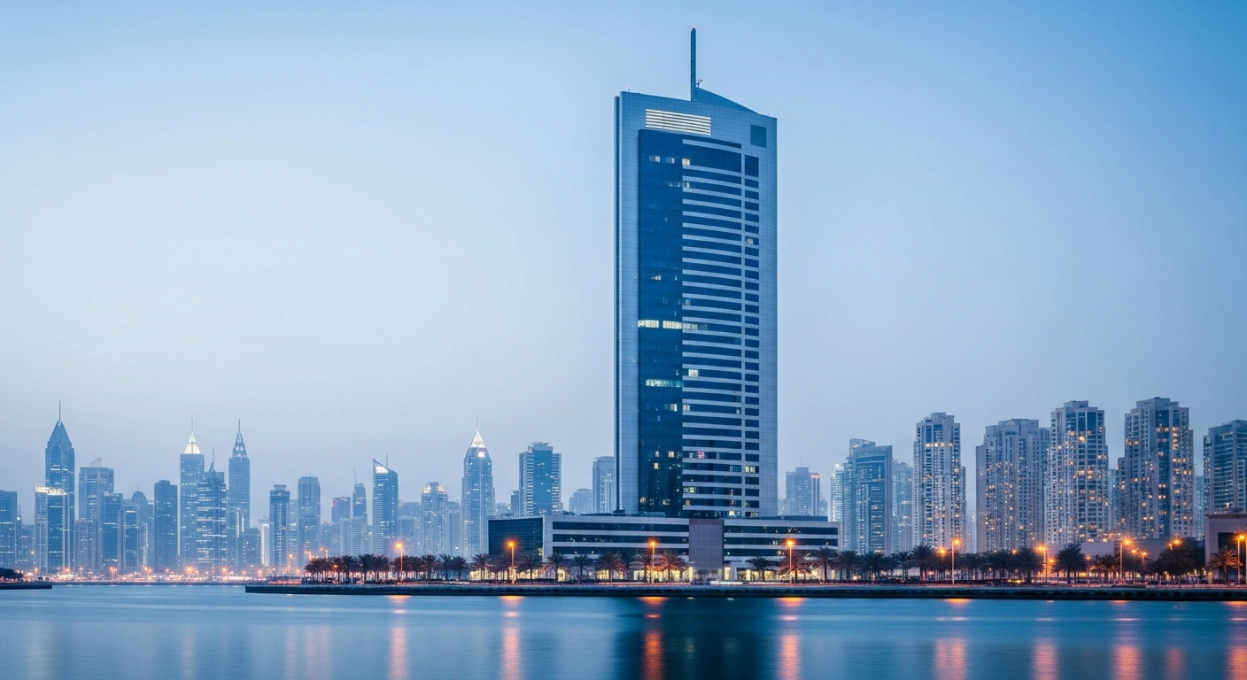 A peaceful view of a modern corporate office building in Dubai at twilight, showing no evidence of an alleged drone strike.