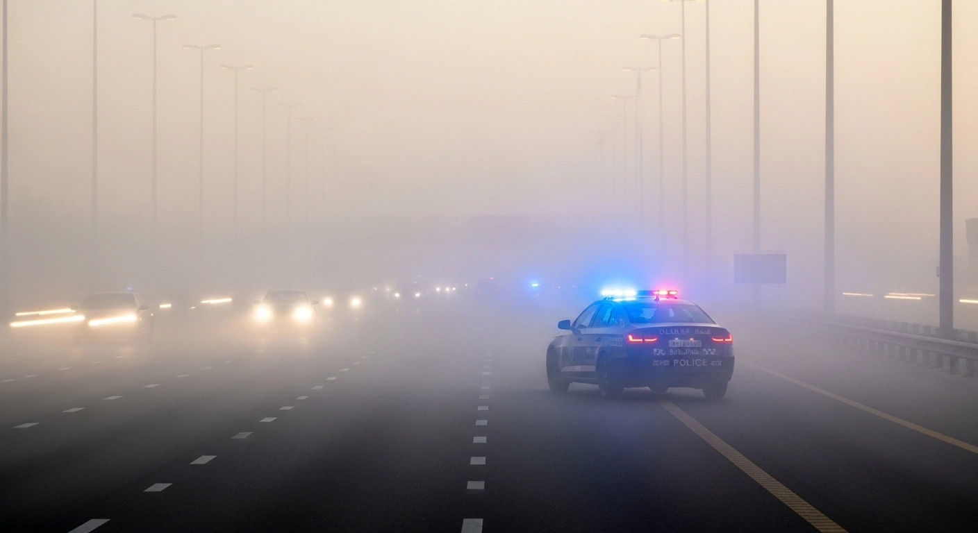 A Dubai Police patrol car with flashing emergency lights is partially visible on a multi-lane highway enveloped in dense, luminous fog, illustrating the reduced visibility and safety warnings issued to motorists and road users during a period when Dubai Police handled thousands of emergency calls.
