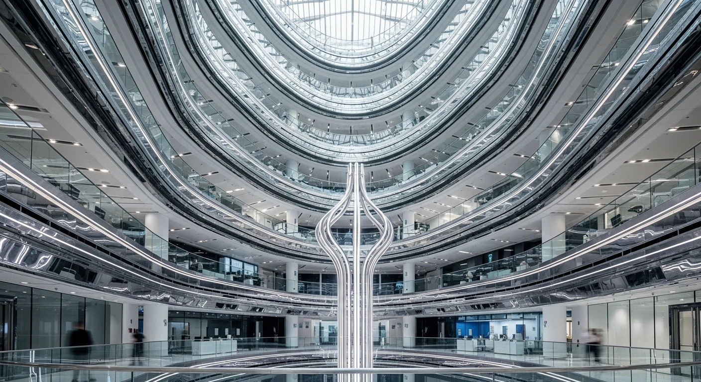 A futuristic, multi-tiered innovation hub in Dubai, featuring polished chrome, glass, and glowing energy conduits, represents the Dubai RDI Ecosystem established by His Highness Sheikh Hamdan bin Mohammed bin Rashid Al Maktoum under the Dubai Future Foundation, aiming to accelerate research, development, and innovation for future economies.