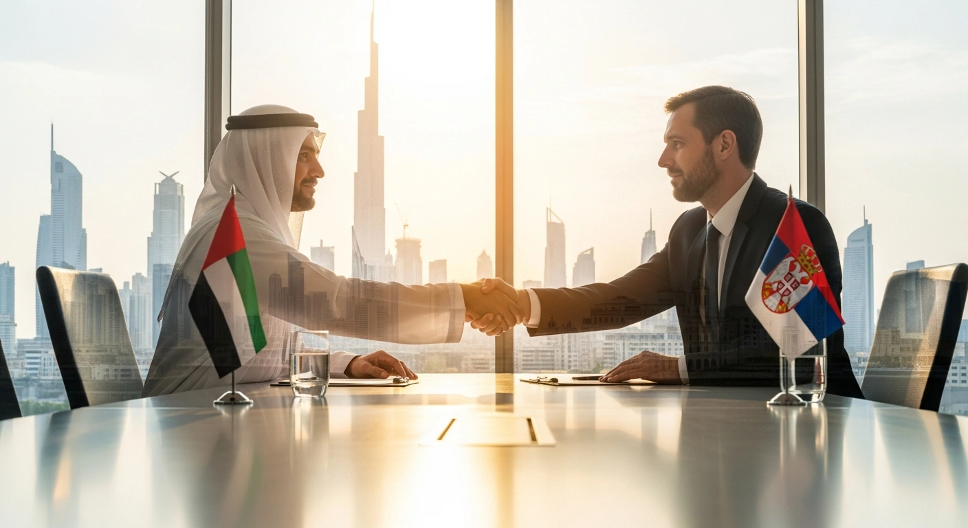 Two high-ranking delegates, representing Dubai Chambers and Serbia, are captured in a firm handshake within a modern, sunlit conference room, symbolizing the strengthening of economic cooperation and new trade opportunities explored during a recent trade mission to Belgrade.
