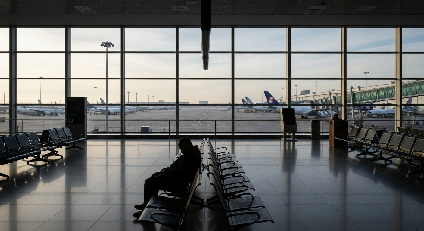 A wide shot of a deserted airport terminal at dawn, showing numerous commercial airliners grounded on the tarmac, illustrating the significant flight cancellations at Dublin Airport and other major airlines caused by Middle East airspace closures following regional strikes.