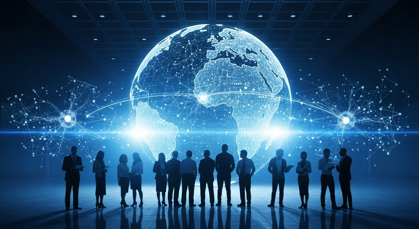 A group of international policymakers and researchers gather in a modern Dublin conference hall to discuss European AI innovation and digital policy.