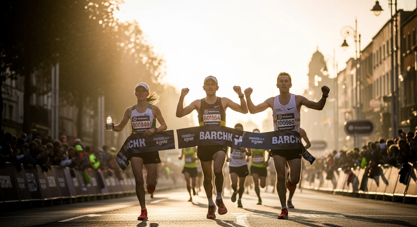 Two triumphant marathon runners, a man and a woman, are captured in a low-angle, sun-drenched shot as they cross the finish line of the 44th Irish Life Dublin Marathon, with a blurred crowd of over 22,000 participants behind them, symbolizing the victories of Daniel Mesfin, Eebbissee Addunyaa, David McGlynn, and Ava Crean.