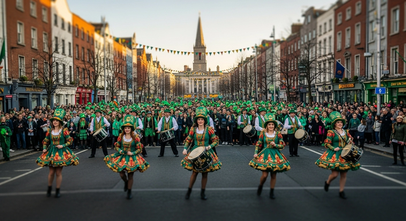 Crowds of people dressed in green celebrate the St. Patrick's Festival on a historic street in Dublin, Ireland.