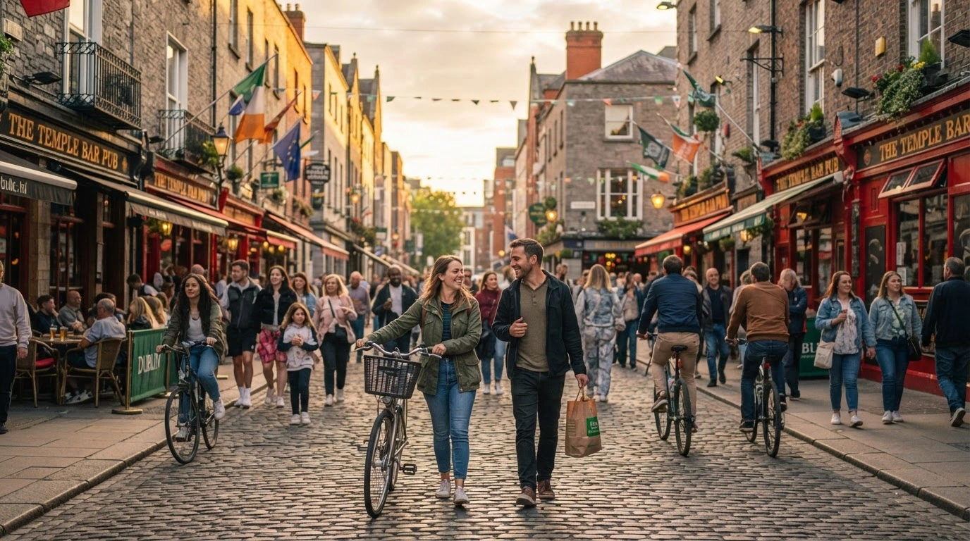 Pedestrians and cyclists enjoy the car-free streets of the historic Temple Bar district in Dublin during European Mobility Week.