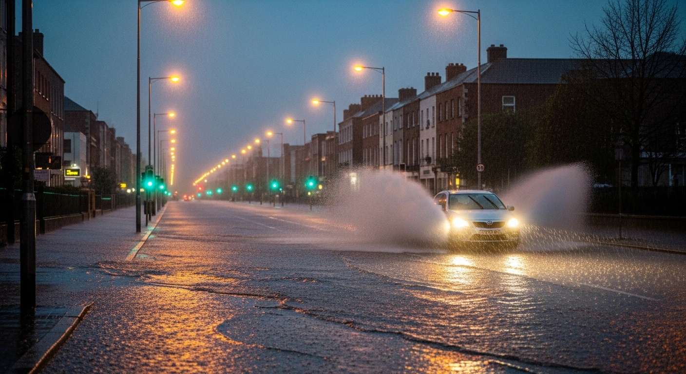 A deserted Dublin street at dusk is shown under relentless, heavy rain, with streetlights reflecting on rising floodwaters as a lone car struggles to navigate the submerged road, illustrating the difficult travel conditions and potential localised flooding warned by Met Éireann's Status Orange rain warning for Dublin and Wicklow.