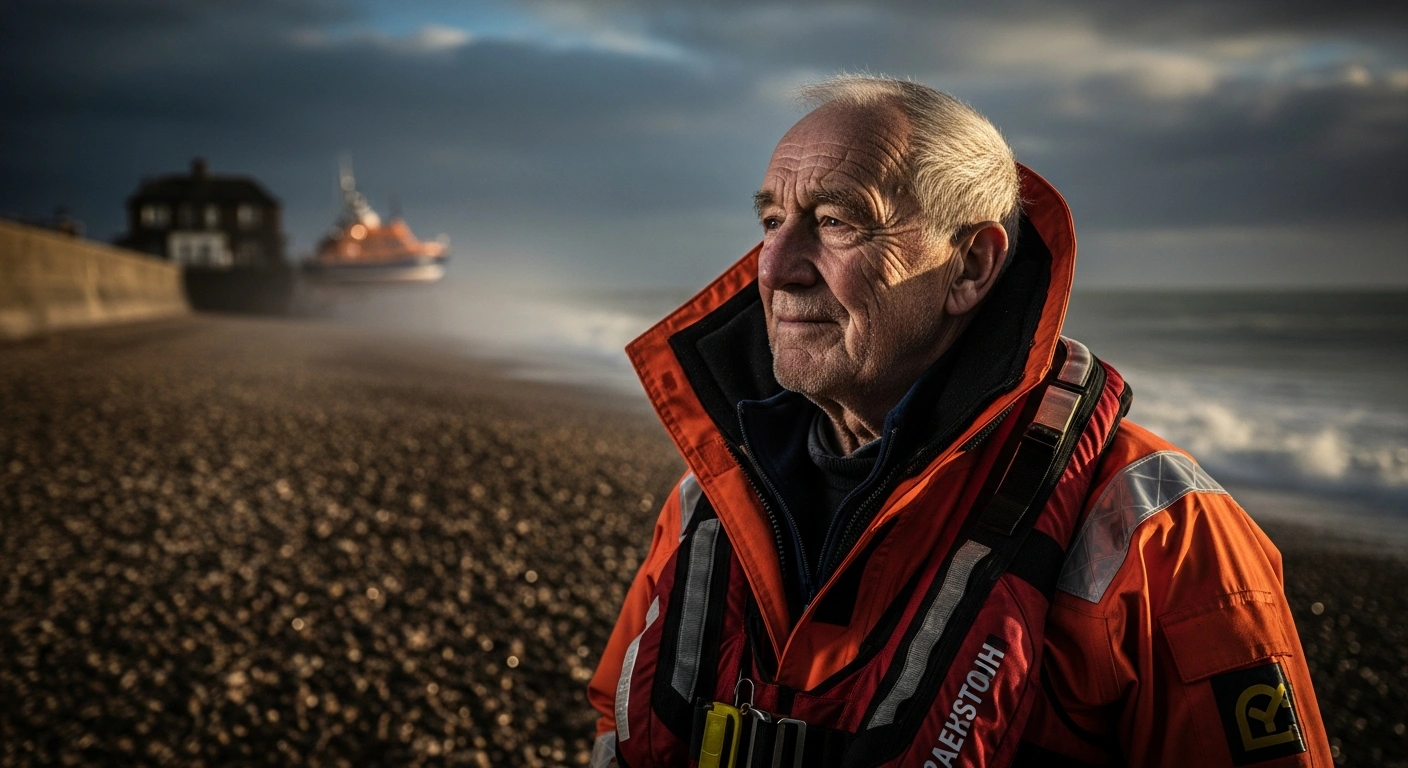 A retired Dungeness RNLI volunteer stands on the beach wearing a high-visibility rescue jacket after fifty years of maritime service.