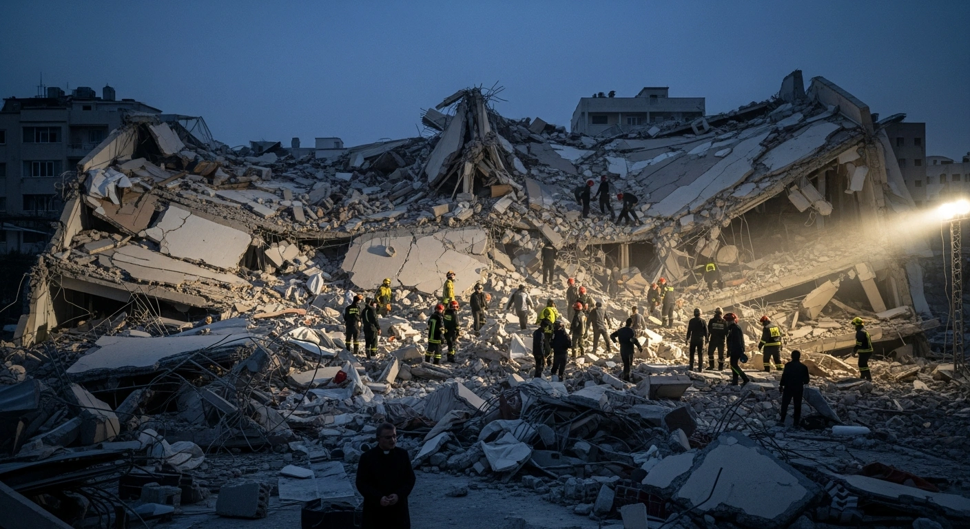 A wide, slightly elevated shot captures the devastating aftermath of a four-story building collapse at the New Ahobilam Temple of Protection in Redcliffe, Durban, at dusk, with emergency personnel sifting through twisted rebar and shattered concrete under harsh floodlights, and Minister Dean Macpherson observing the scene following the incident that caused five fatalities.