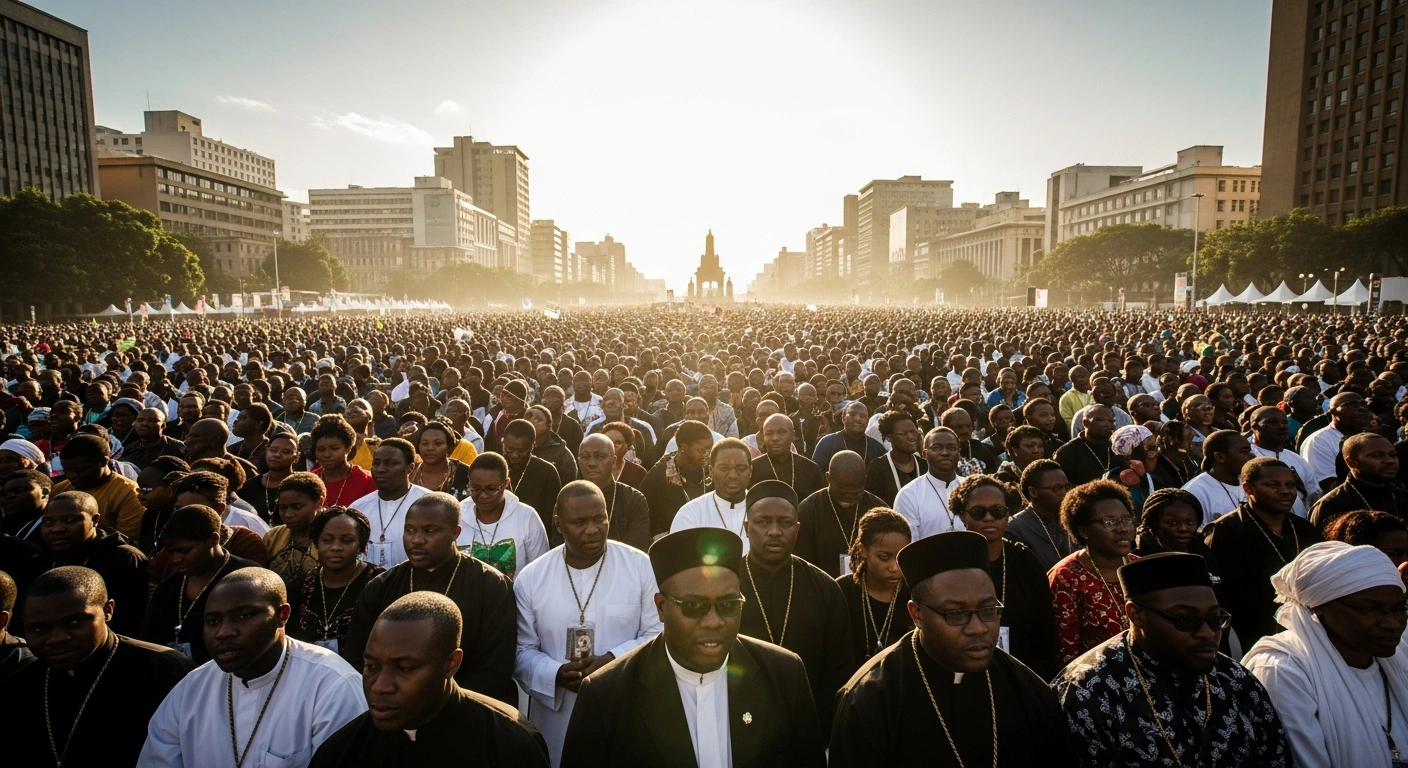 Thousands of religious leaders and congregants gather in a large public square in Durban, South Africa, to protest against government policies regarding religious freedom.