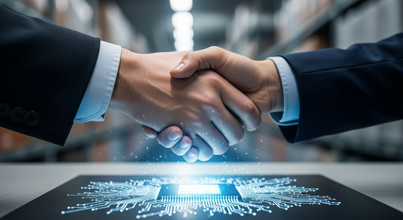 Two hands, one representing the Dutch government and the other Chinese authorities, are clasped in a handshake over a glowing microchip, symbolizing the suspension of the Nexperia seizure and resolution of a semiconductor supply chain dispute.