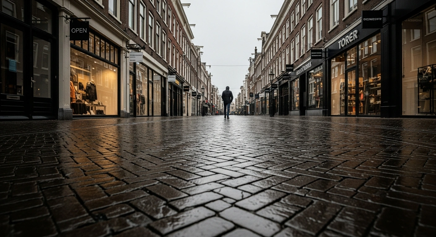 A wide, low-angle shot of a deserted Dutch shopping street with dark storefronts and a solitary figure walking away, visually representing the decline in Dutch consumer confidence in January 2026 due to increased pessimism regarding the economic climate and a reduced willingness to make purchases.